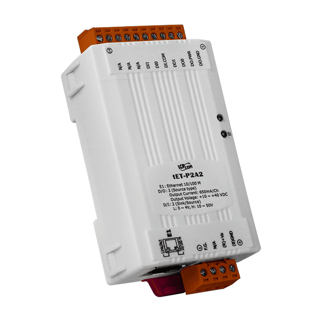 tET-P2A2 Tiny Ethernet I/O Module, 2-ch DI and 2-ch DO (PNP)