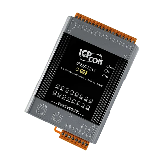 PET-7251 PoE Ethernet I/O Module, 16-ch Wet Contact DI with 2-port Switch
