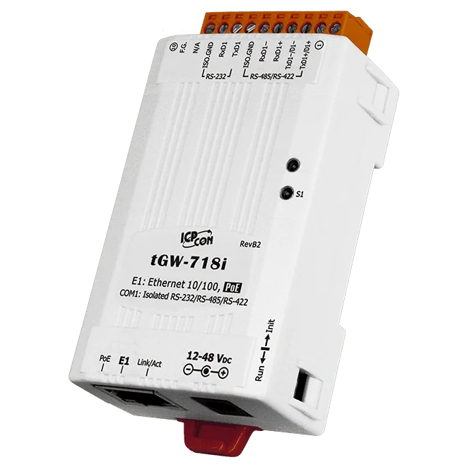 tGW-718i Modbus TCP to RTU/ASCII Gateway, PoE, 1-port Isolated RS-232/422/485