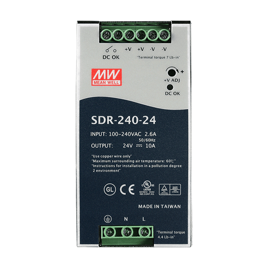 SDR-240-24 Power Supply, 88~264 VAC to 24 VDC/10 A, 240 W DIN-rail