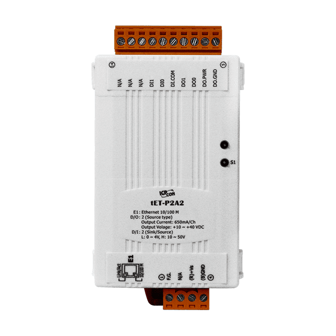 tET-P2A2 Tiny Ethernet I/O Module, 2-ch DI and 2-ch DO (PNP)