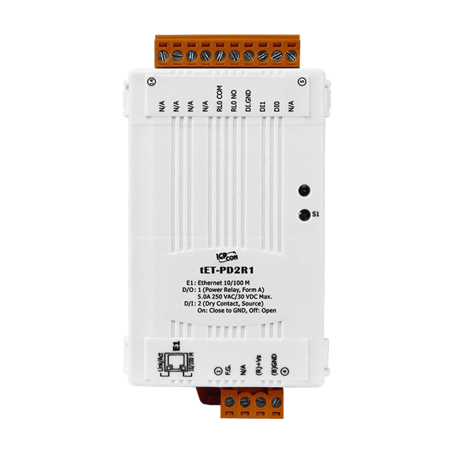 tET-PD2R1 Tiny Ethernet I/O Module, 2-ch DI (Dry) and 1-ch Power Relay