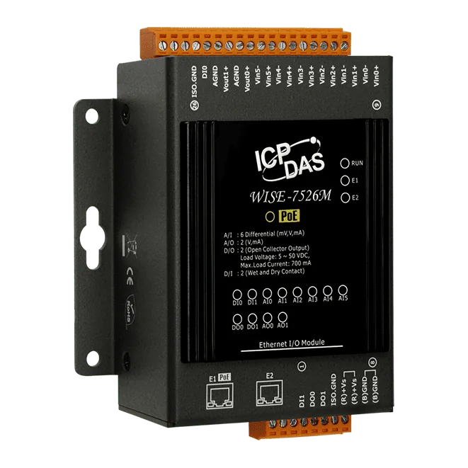 WISE-7526M MQTT I/O Module with PoE and 2-port Switch, 6-ch AI, 2-ch AO