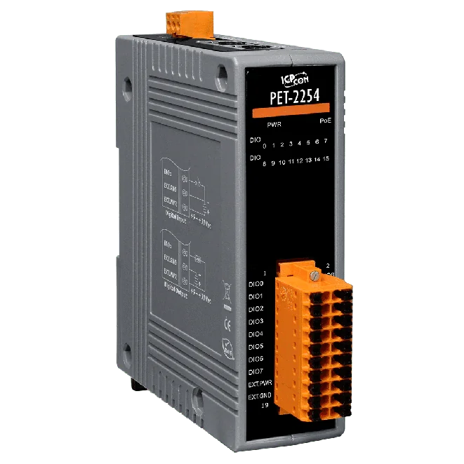 PET-2254 PoE Ethernet I/O Module, 16-ch Universal DIO with 2-port Switch