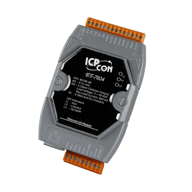 ET-7024 Ethernet I/O Module, 4-ch Analog Output, 5-ch DI, 5-ch DO