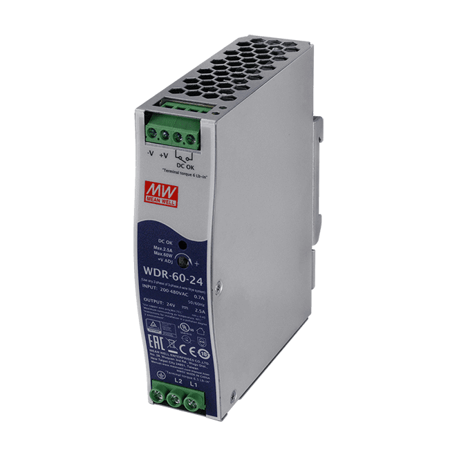 WDR-60-24 DIN-Rail Power Supply, 180~550 VAC to 24 VDC/2.5 A, 60 W
