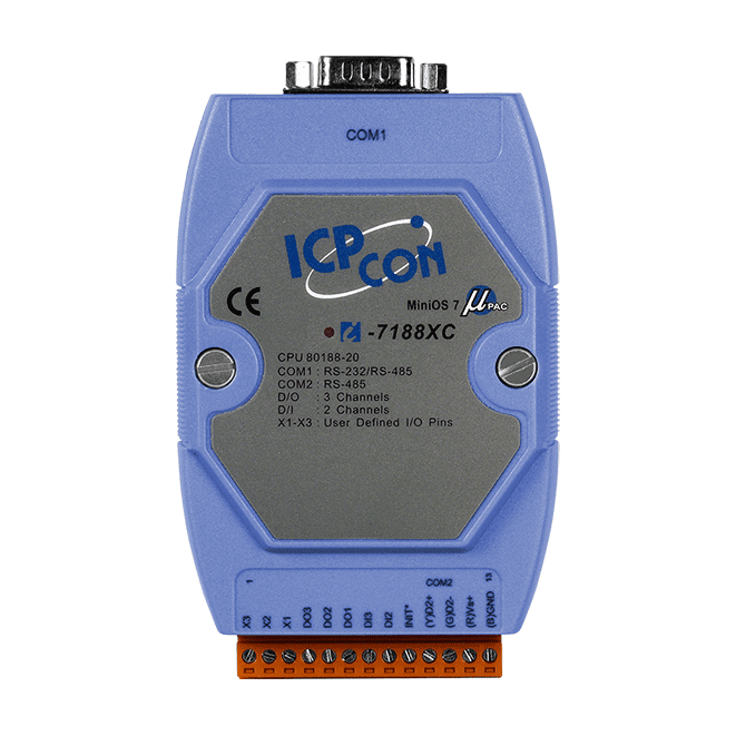I-7188XC/512/RTC Ethernet PAC with 80188-20 CPU, MiniOS7, 512KB SRAM, RTC, 2 Serial Ports, 2 DI, 3 DO and 1 I/O Bus and