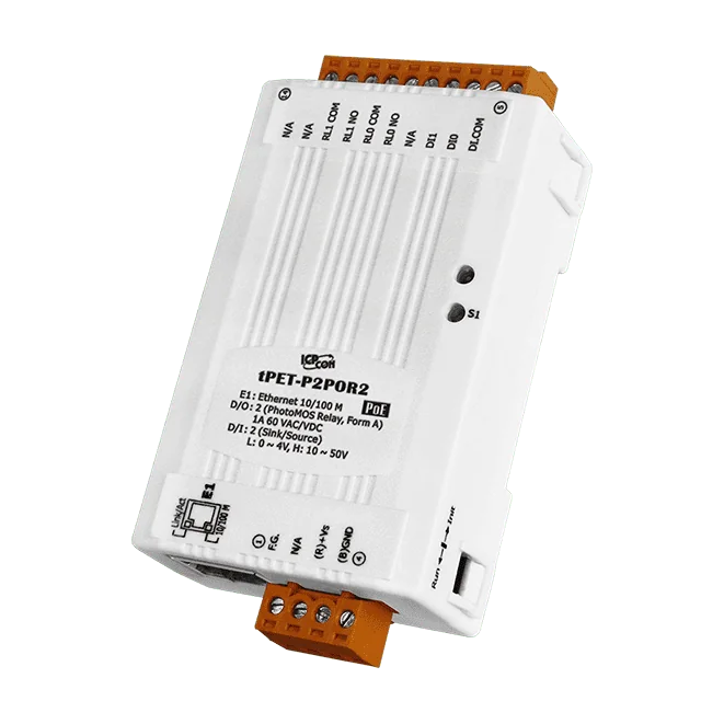 tPET-P2POR2 Tiny PoE Ethernet I/O Module, 2-ch DI and 2-ch PhotoMOS Relay