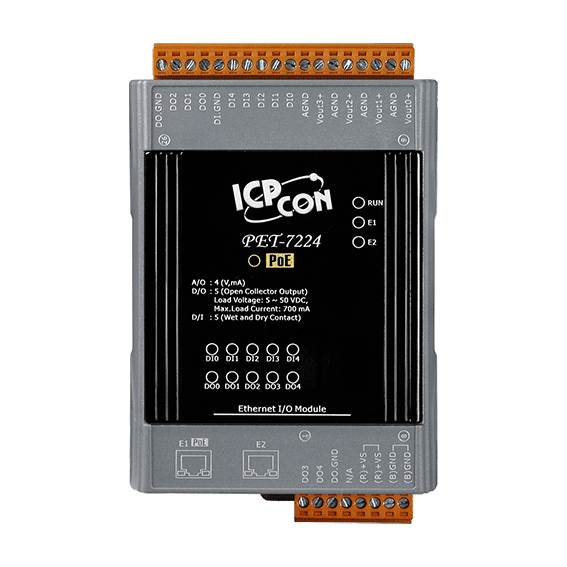 PET-7224 PoE Ethernet I/O Module, 4-ch AO, 5-ch DI, 5-ch DO