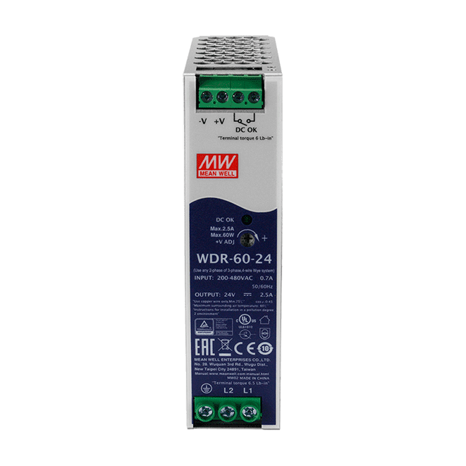 WDR-60-24 DIN-Rail Power Supply, 180~550 VAC to 24 VDC/2.5 A, 60 W