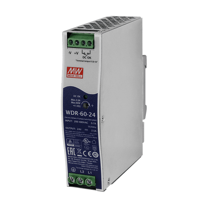 WDR-60-24 DIN-Rail Power Supply, 180~550 VAC to 24 VDC/2.5 A, 60 W