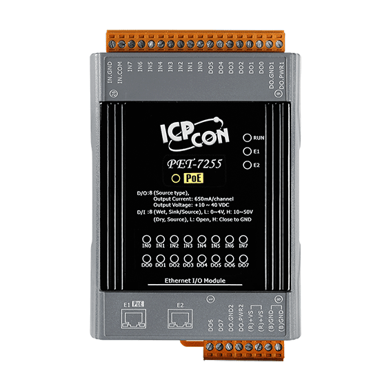PET-7255 PoE Ethernet I/O Module with 2-Port Switch, 8-ch DI/DO